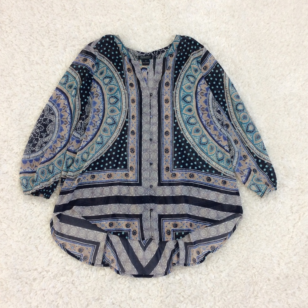 Lucky Brand Blue Patterned Button Down Blouse Top